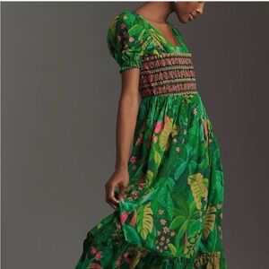 Farm Rio for Anthropologie Green Tropical Smocked Puff Sleeve Maxi Dress XXS